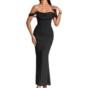 Black Bodycon Mermaid Gown. Womens Sz. S Off Shoulder Sleeveless. Stretchy